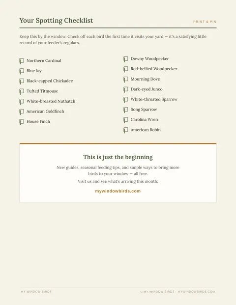 Printable spotting checklist with check boxes for all 15 birds in the guide