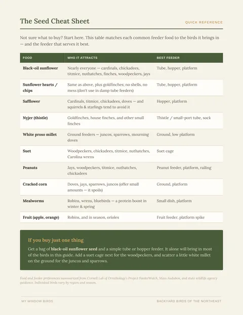 Seed cheat sheet table matching ten bird foods to the birds they attract and the best feeder for each
